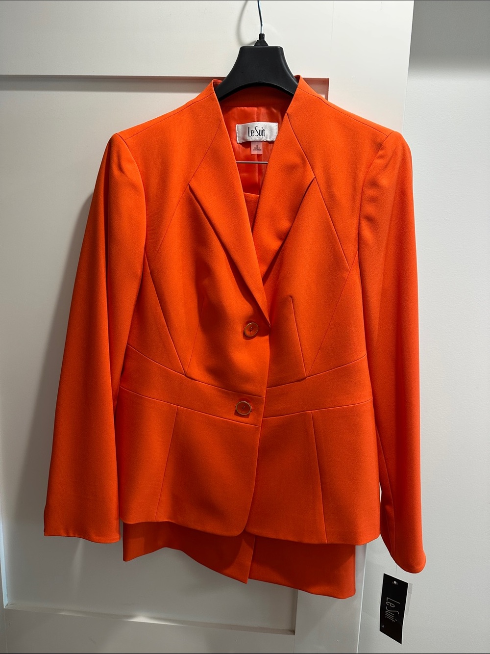 Le Suit Bright Orange Skirt Suit